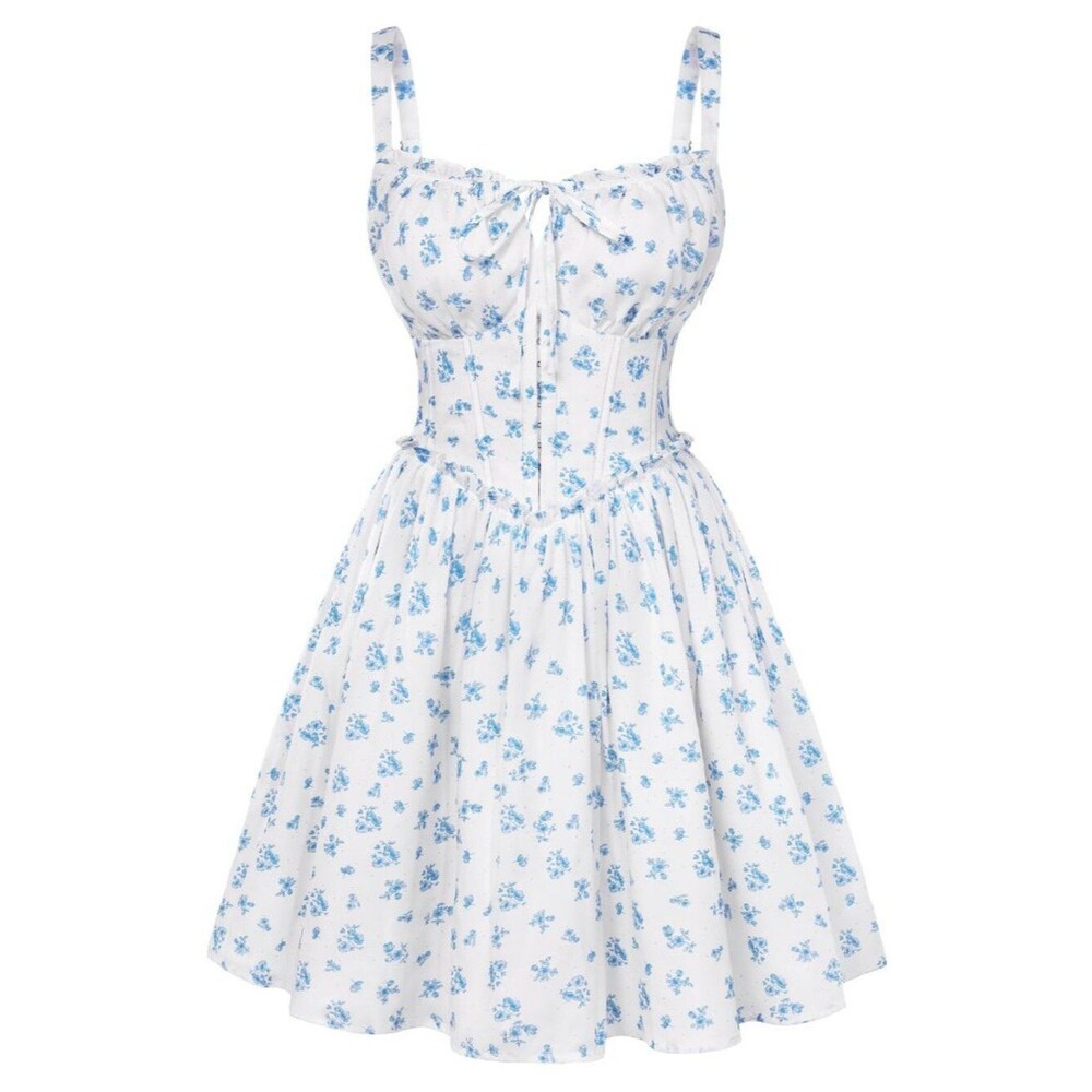 Scarlet Darkness Floral Corset Dress  Summer Sundress Lace Up Mini Milkmaid S